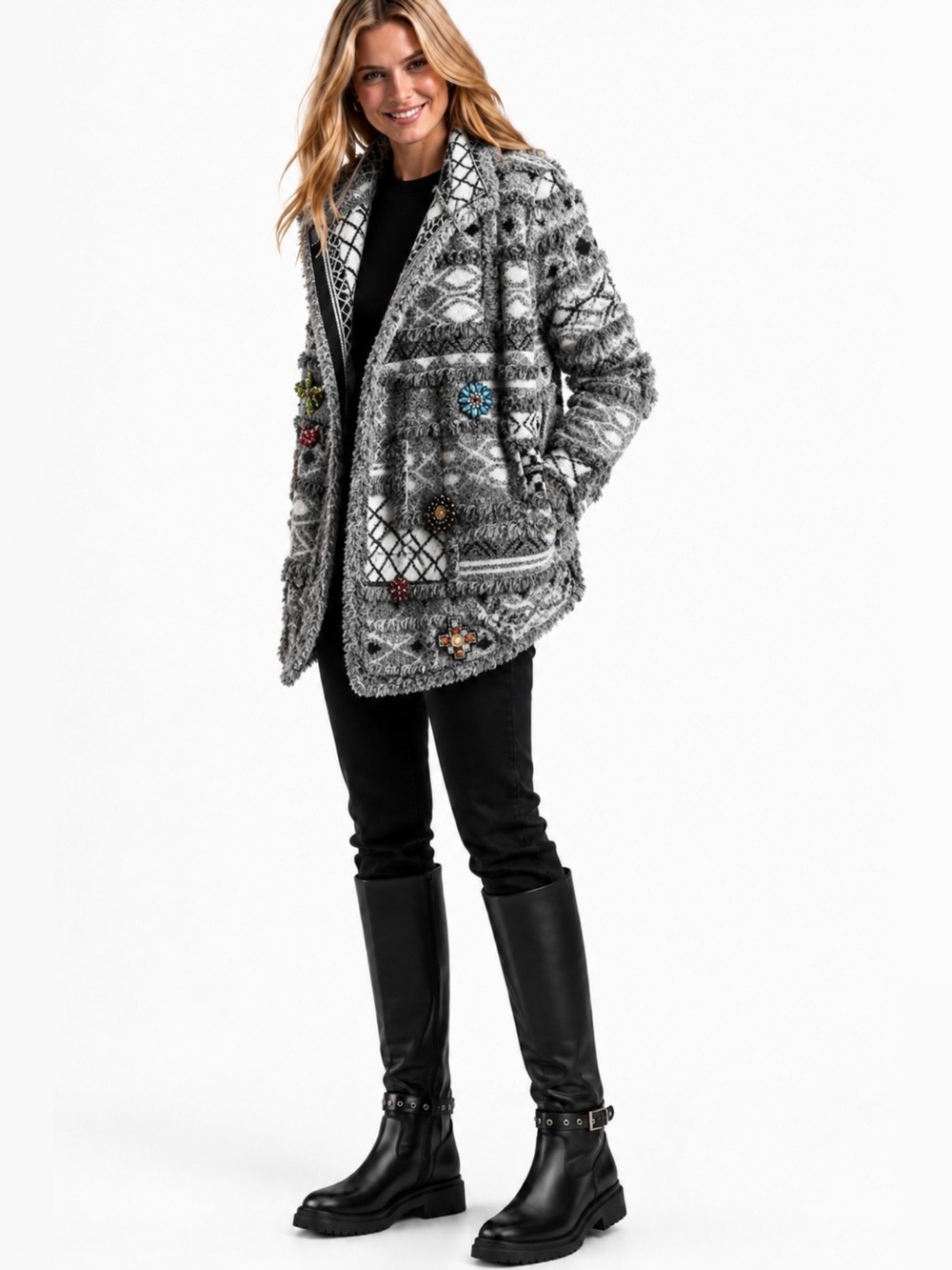 New🌺$398JohnnyWas Wool Blend Patchwork Jacket Beaded Fringe Pockets Oversized 2X